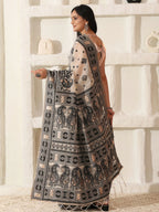 Shree Shyam Fashion Linen Cotton Black & Cream Saree | Grocsy