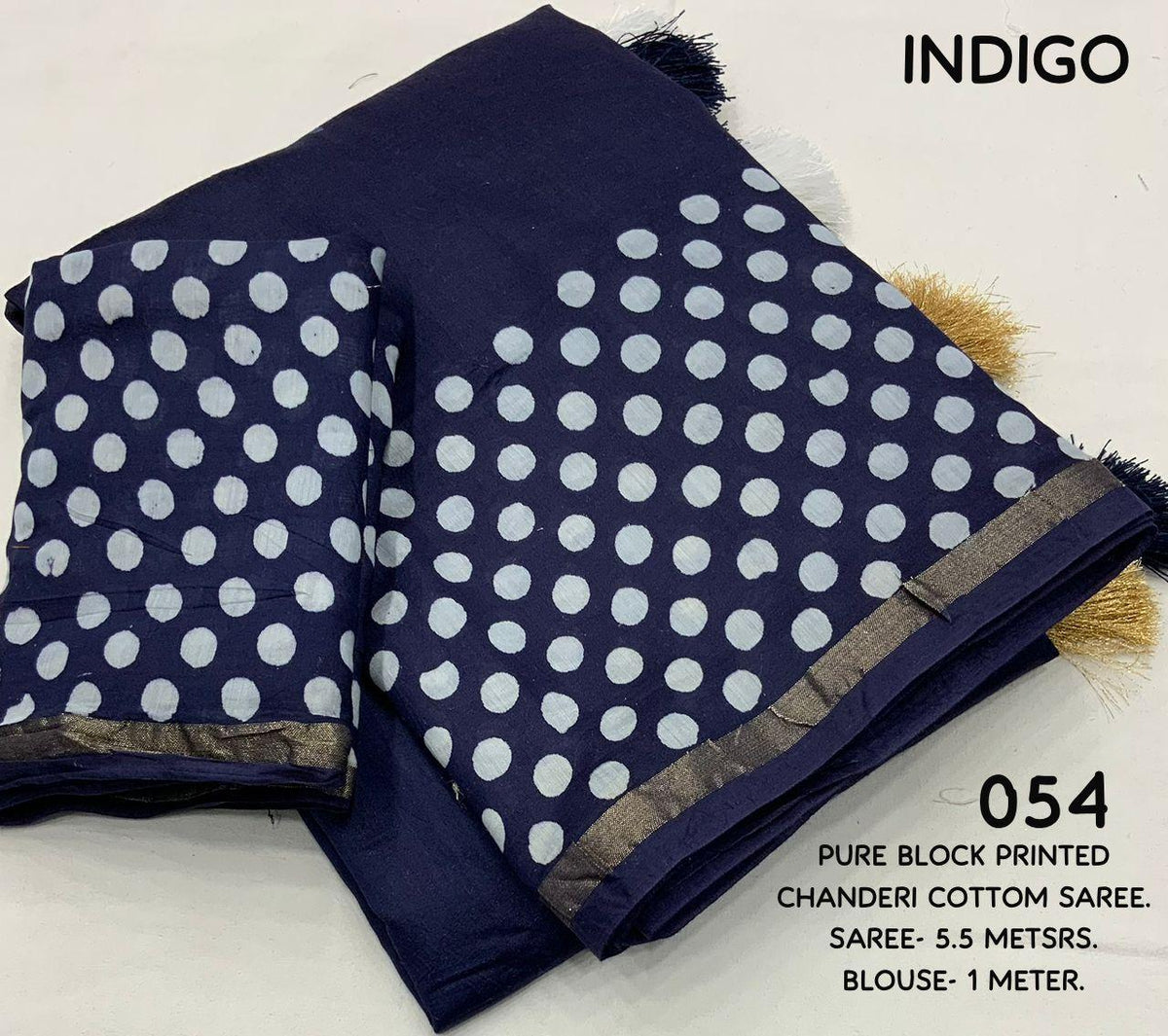Blue Pure Chanderi Hand Block Saree with Unstitched Blouse - Hiral Fashion | Grocsy