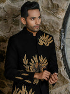 Black Bandhgala With Embroidery-Leaves by Hilo Design | Grocsy