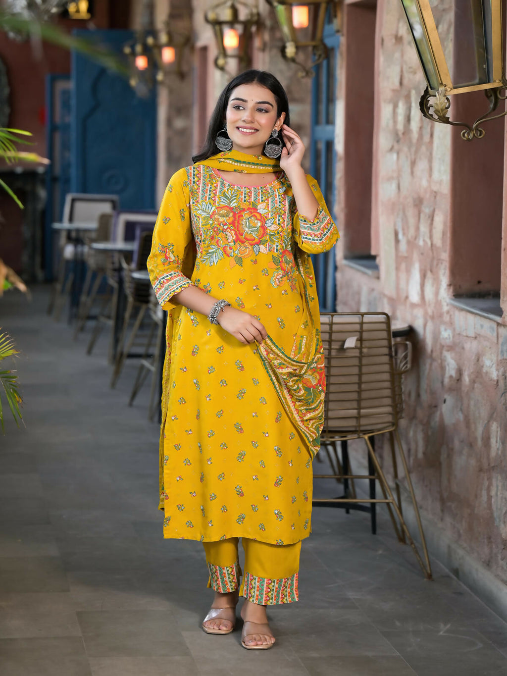 Juniper Women's Mustard Floral Printed Liva Rayon Kurta Pant And Dupatta Set With Sequins | Grocsy