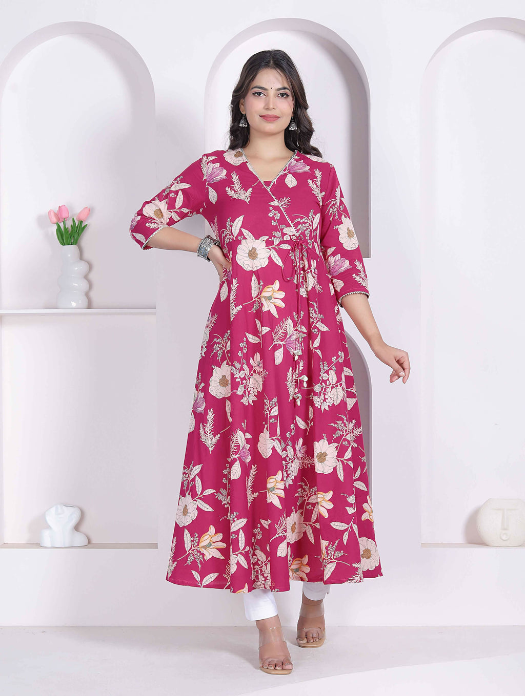 Miravan Womens Pink Floral Printed Angrakha Kurta | Grocsy