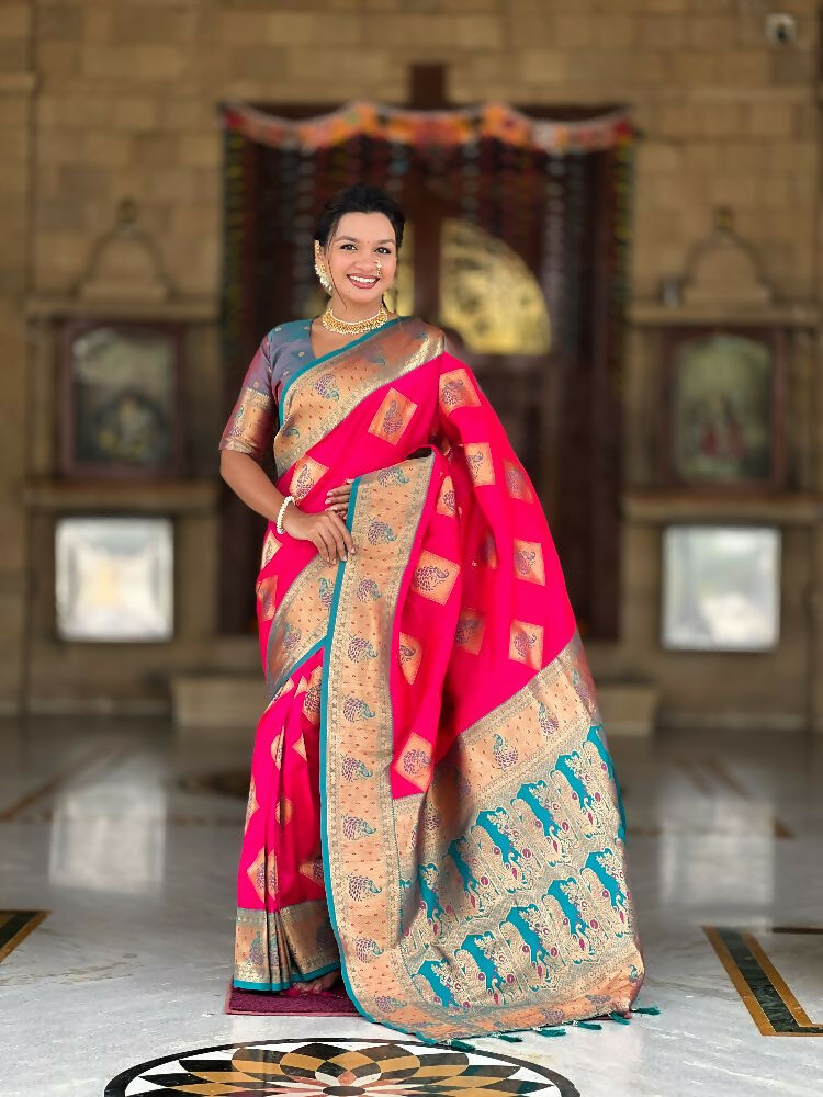 PR Fashion Rani Pink Soft Banarasi Silk With Zari Weaving Meenakari Design Saree | Grocsy