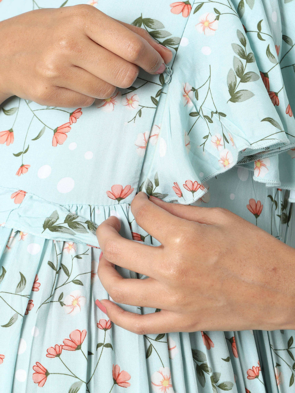 Manet Frill With Sleeve Maternity Dress Floral Print With Concealed Zipper Nursing Access - Green | Grocsy
