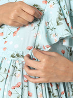 Manet Frill With Sleeve Maternity Dress Floral Print With Concealed Zipper Nursing Access - Green | Grocsy