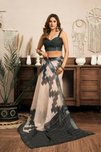 Joban Fashion White & Grey Ethnic Motifs Linen Ready To Wear Saree With Unstitched Blouse | Grocsy