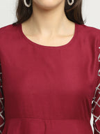 Rudra Bazaar Wine Lace Work Flared Kurti with Sharara | Grocsy