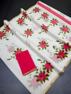 Prime Volt Women's White & Pink Floral Digital Print Soft Linen Saree With Gold Zari Border & Blouse | Grocsy