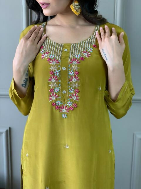 The52 Mustard Gorgeous Embroidered Viscose Chanderi Fabric Straight Kurta Pant with Dupatta Set | Grocsy