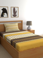 Home Ecstasy Mustard & Cream Ethnic Motifs 140TC Bedsheet With Pillow Covers | Grocsy