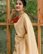 DEIANA'S Beautiful Designer Golden zari Soft Lichi Silk Saree - Cream | Grocsy