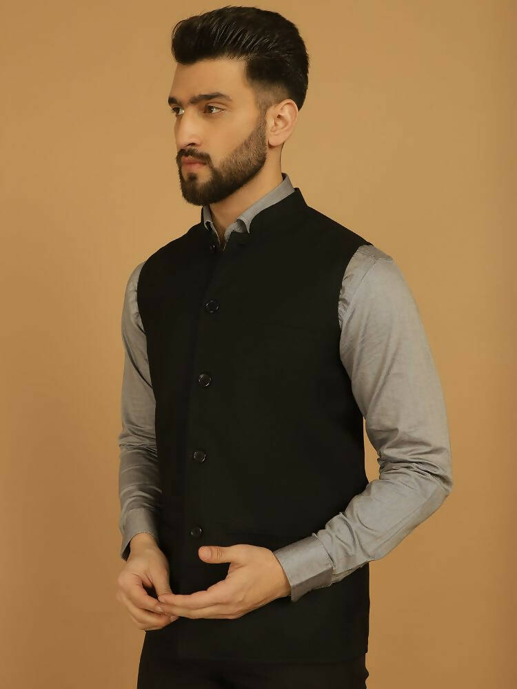 Even Apparels Nehru Jacket With Welt Pockets - Black | Grocsy