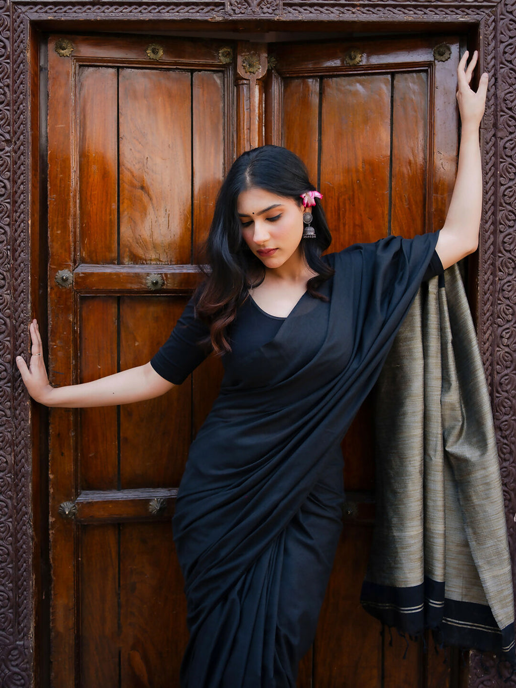 Zibaa Black & Gold Mul Cotton Saree | Grocsy