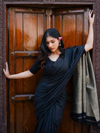 Zibaa Black & Gold Mul Cotton Saree | Grocsy