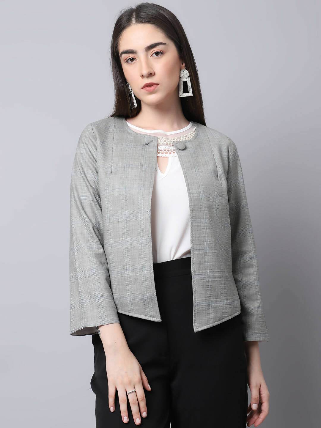 Even Apparels Grey Polywool Open Front Statement Women's Jacket (BF662) | Grocsy