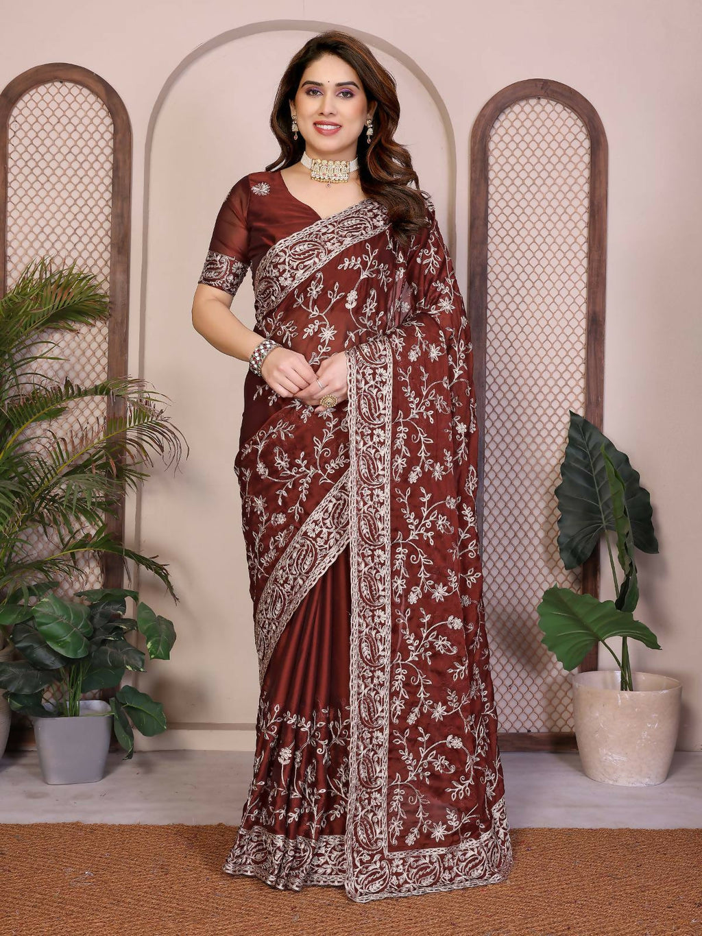 Teeya Creation New Trendy Stylish Party Wear Silk Saree-Brown | Grocsy