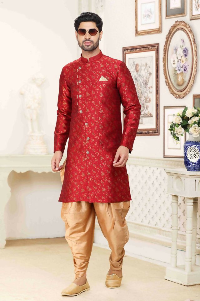 Raivat Ethnic Banarasi Jacquard Embroidery Semi Indo Western Sherwani In Maroon Colour | Grocsy