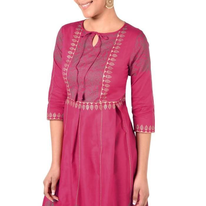 Aniyah Cotton Gold Print Flared Kurta Fuchsia (AN-163K) | Grocsy