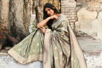 Joban Fashion Pea Green Pure Katan Pure Handloom Banarasi Silk Saree | Grocsy