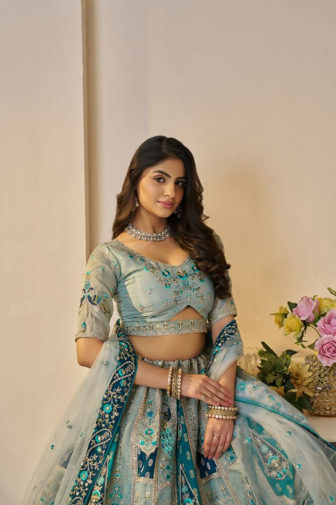 Kesar Fab Sky-Blue Banarasi Silk Embroidered Lehenga | Grocsy