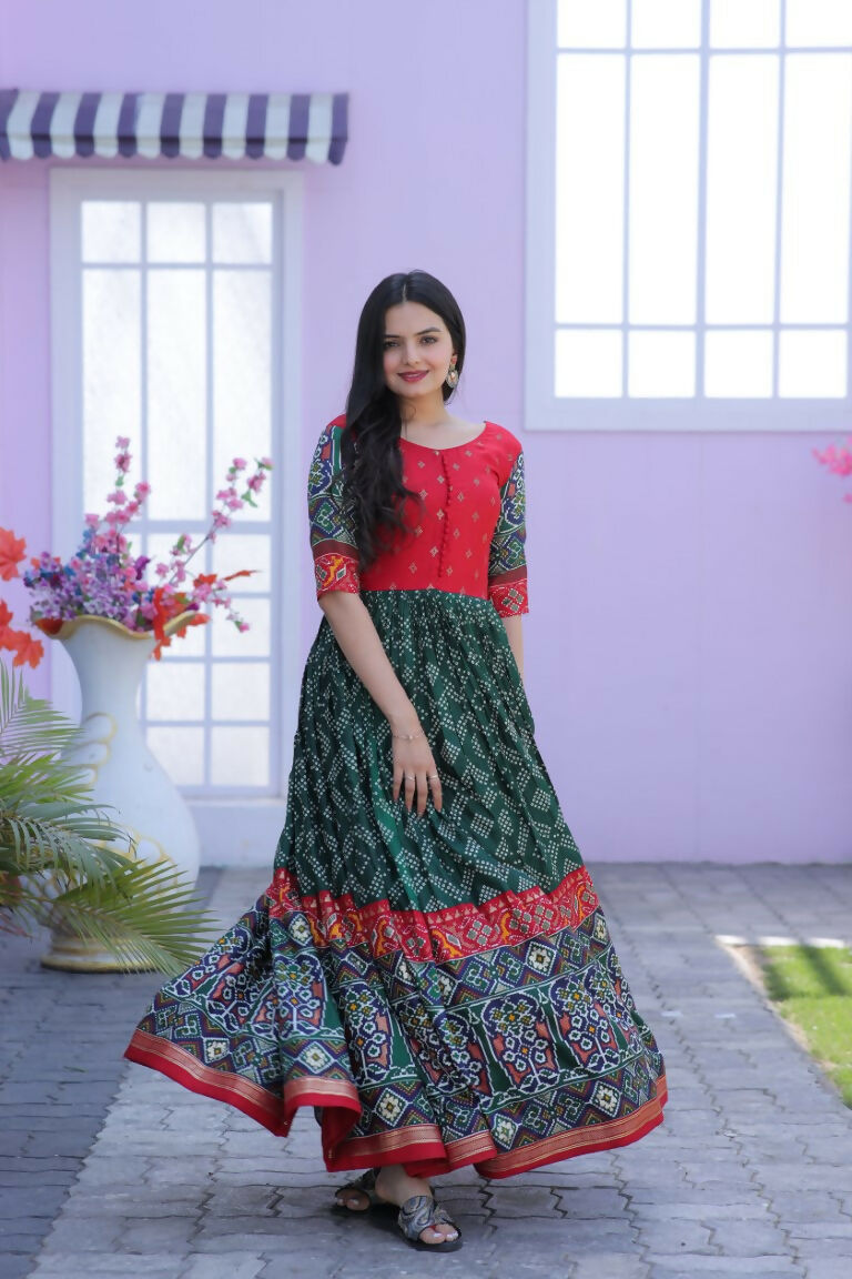 Jyoti Fashion Women's Bottle Green Patola with Foil Print Dola Silk Anarkali Dress | Grocsy