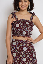 Wine Crepe Floral Printed Top with Matching Skirt - Shivani | Grocsy