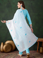 Sangria Blue and White Ethnic Motifs Embroidered Thread Work Pure Cotton Kurta Set | Grocsy