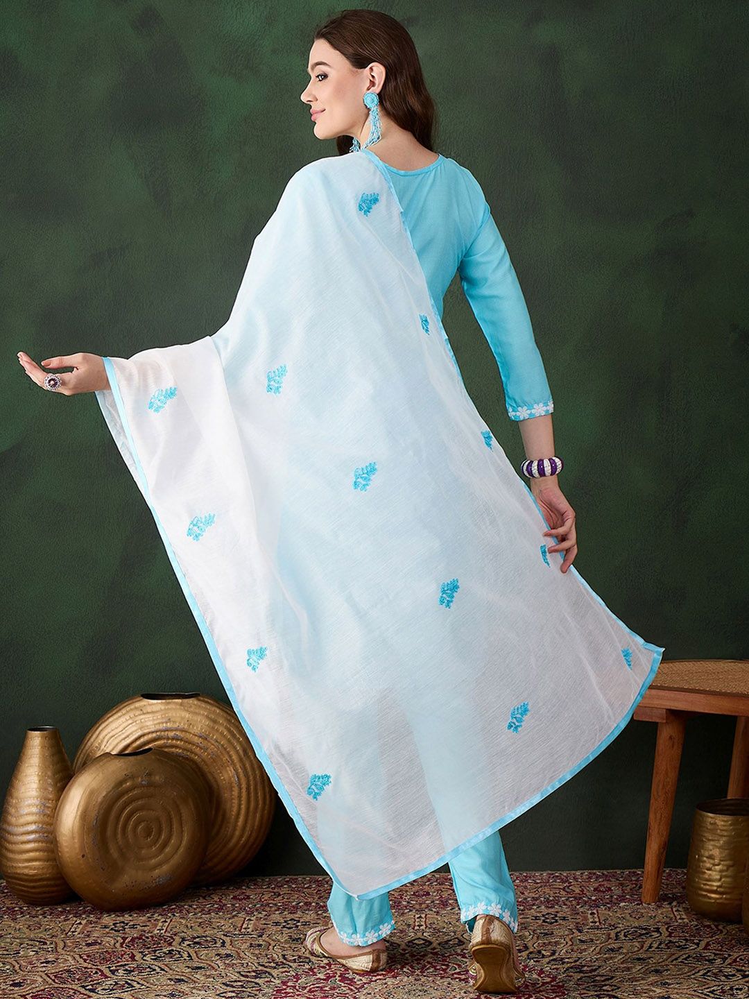 Sangria Blue and White Ethnic Motifs Embroidered Thread Work Pure Cotton Kurta Set | Grocsy