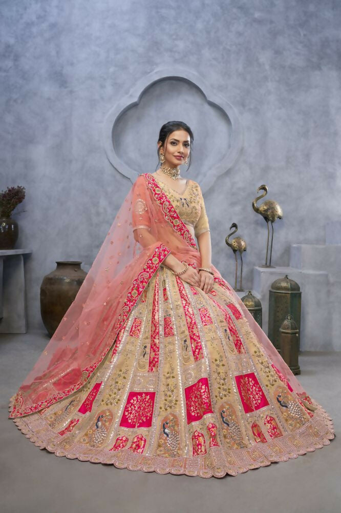 Kesar Fab Chiku Organza Embroidered Lehenga | Grocsy