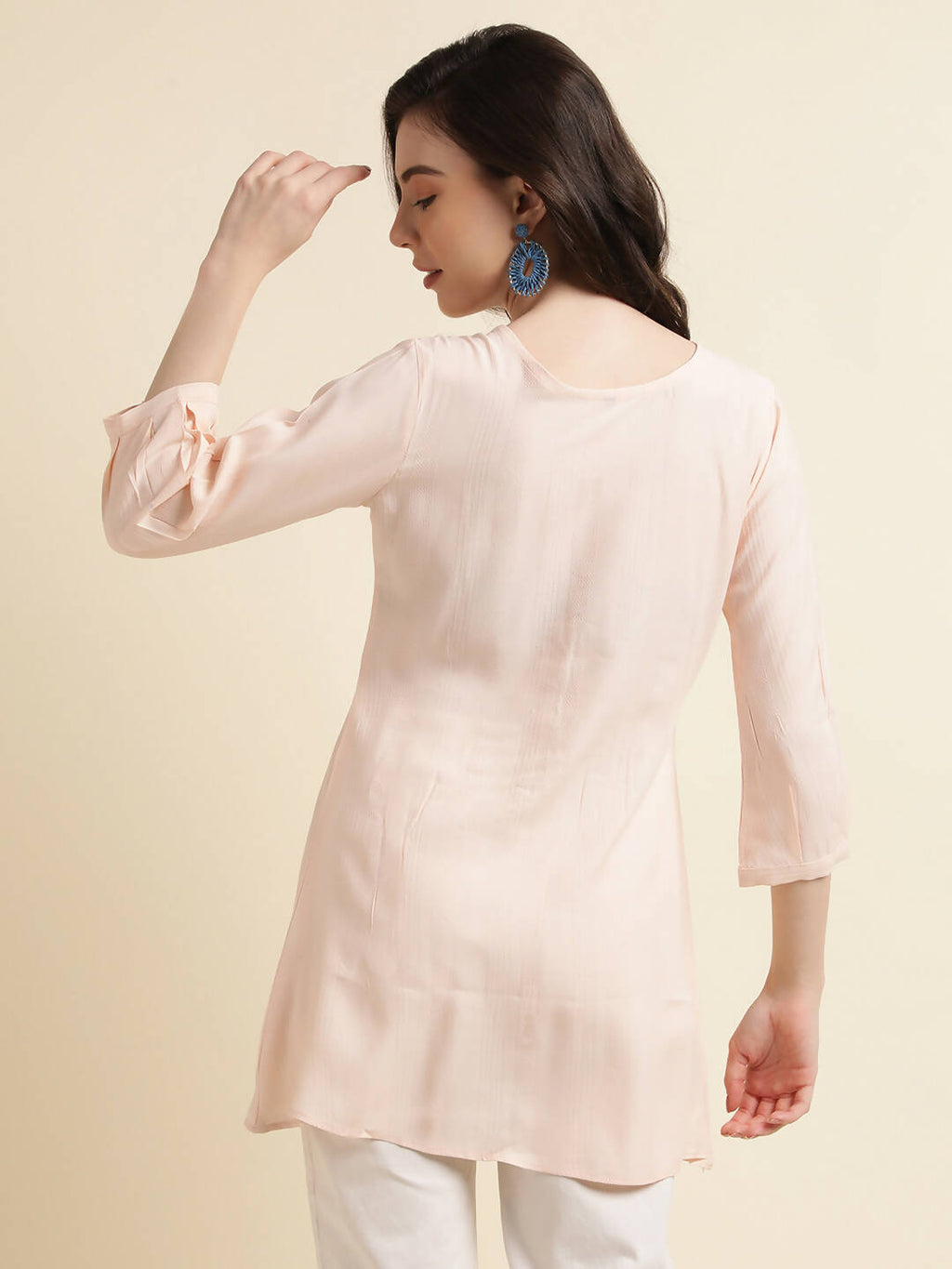 Peach Viscose Rayon Yoke Embroidered A-line Top - Tarini | Grocsy