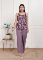 Miravan Womens Purple Round Neck Cotton Pleated Kurti & Palazzo Set | Grocsy