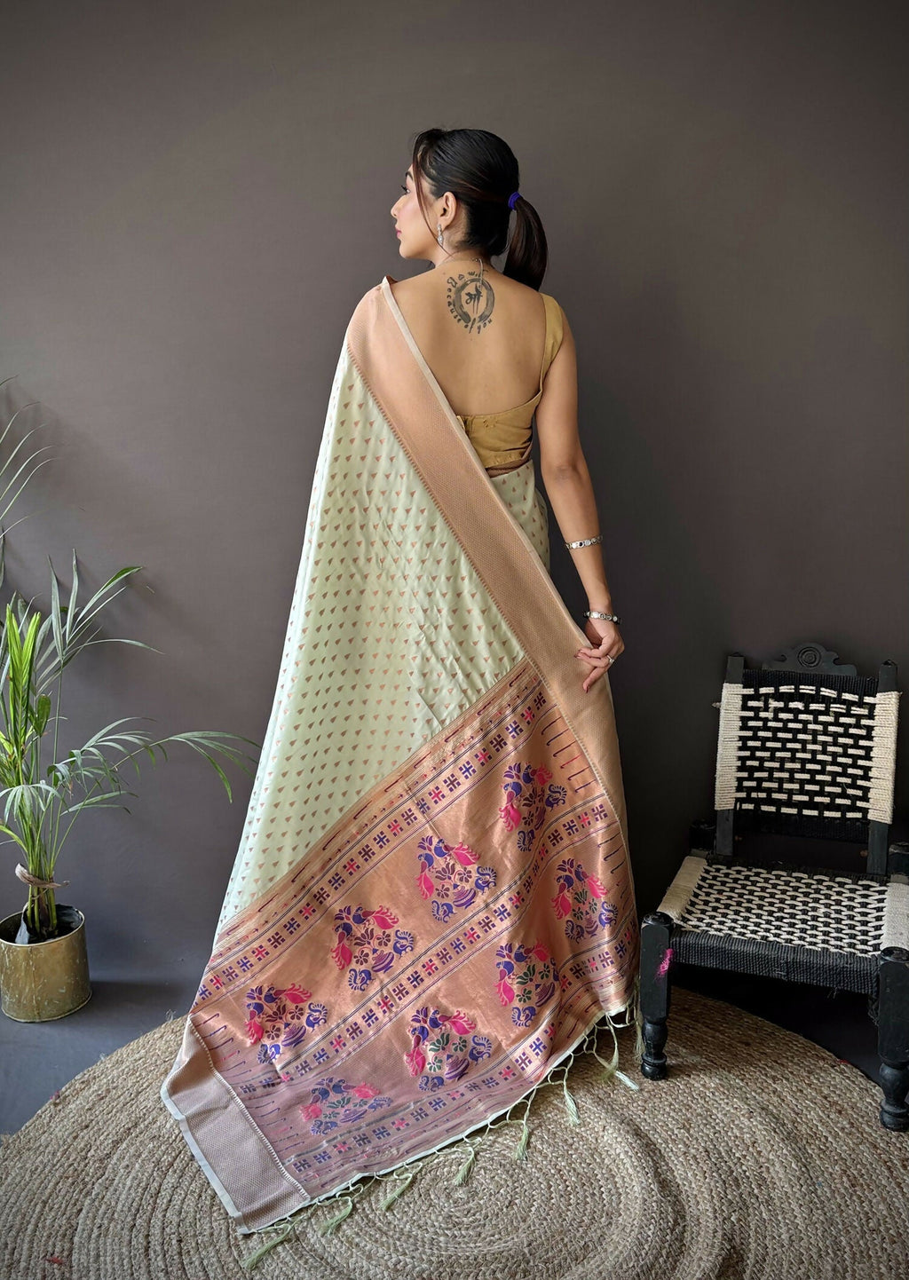 Joban Fashion Beige Jacquard Butti Soft Lichi Silk Paithani Saree | Grocsy