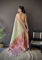 Joban Fashion Beige Jacquard Butti Soft Lichi Silk Paithani Saree | Grocsy