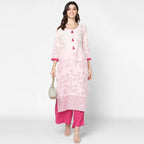 Cheera Hand Block Print Cream & Magenta Straight Kurta With Palazzo (MAAI-080K) | Grocsy