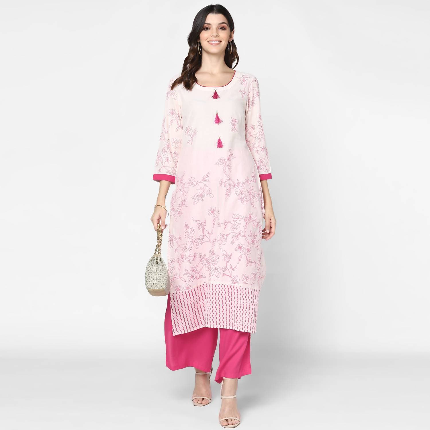 Cheera Hand Block Print Cream & Magenta Straight Kurta With Palazzo (MAAI-080K) | Grocsy