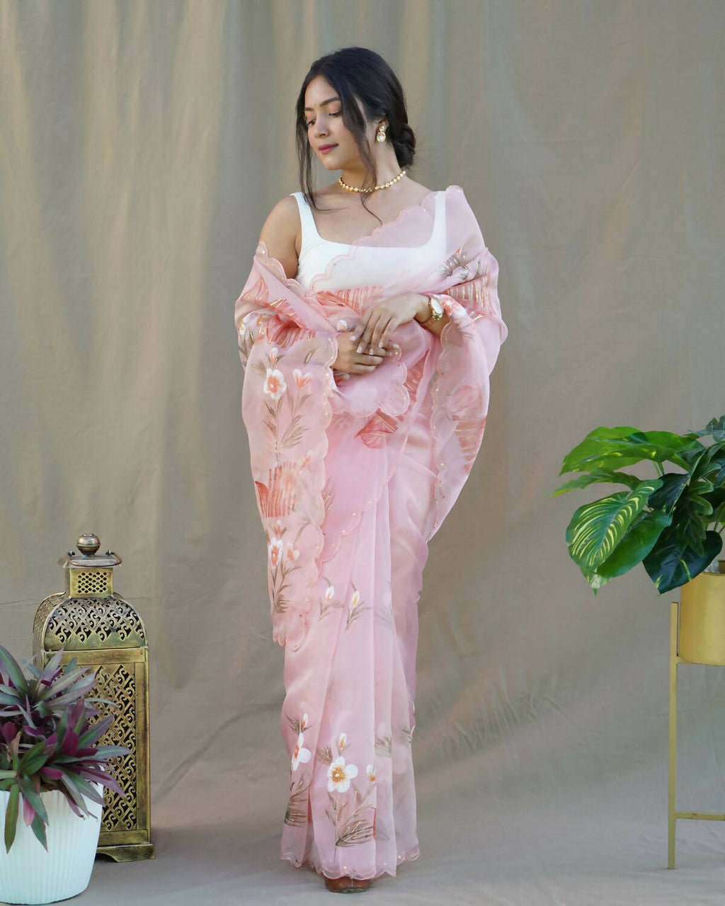 Vamsee Peach Organza Saree | Grocsy