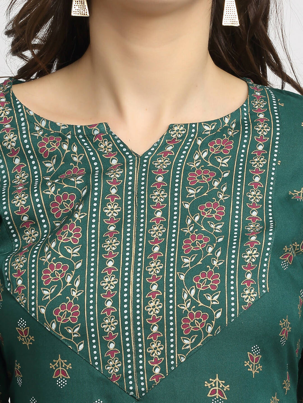 Rudra Bazaar Green Printed Yoke Designed Straight Kurta with Maroon Pyjamas | Grocsy