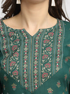 Rudra Bazaar Green Printed Yoke Designed Straight Kurta with Maroon Pyjamas | Grocsy