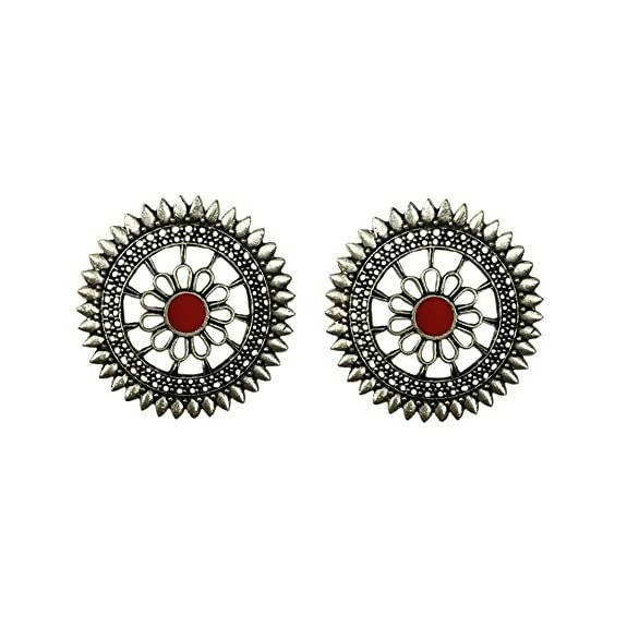 Tiaraa Red Alloy Silver Oxidised Stud Fashion Earrings