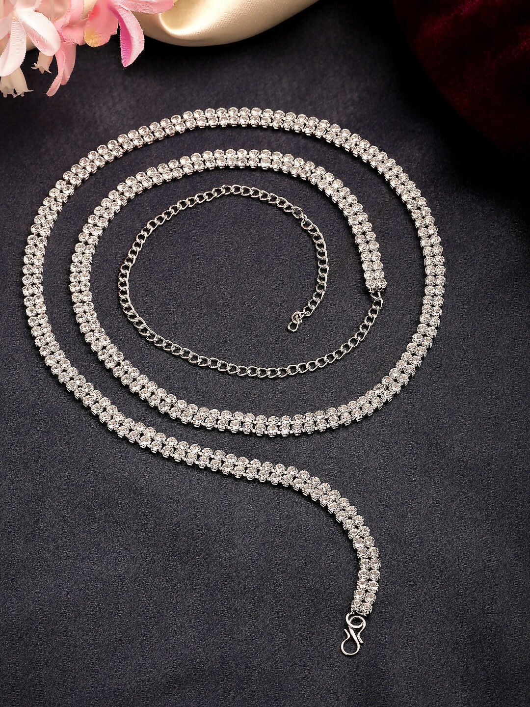 NVR Women's Silver-Plated AD-Studded Double Layered Kamarbandh Waist Chain | Grocsy