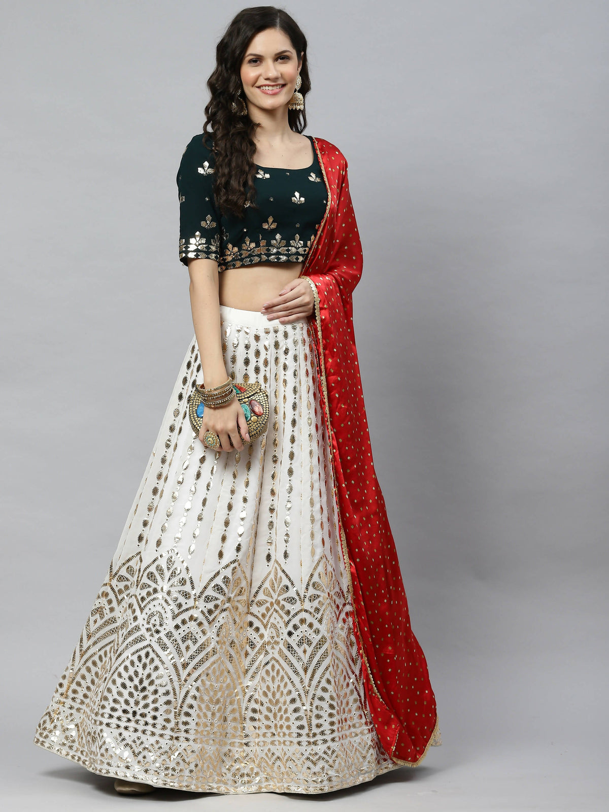 White Georgette Paper Mirror Embroidery Work Lehenga Choli with Dupatta - Jivika | Grocsy
