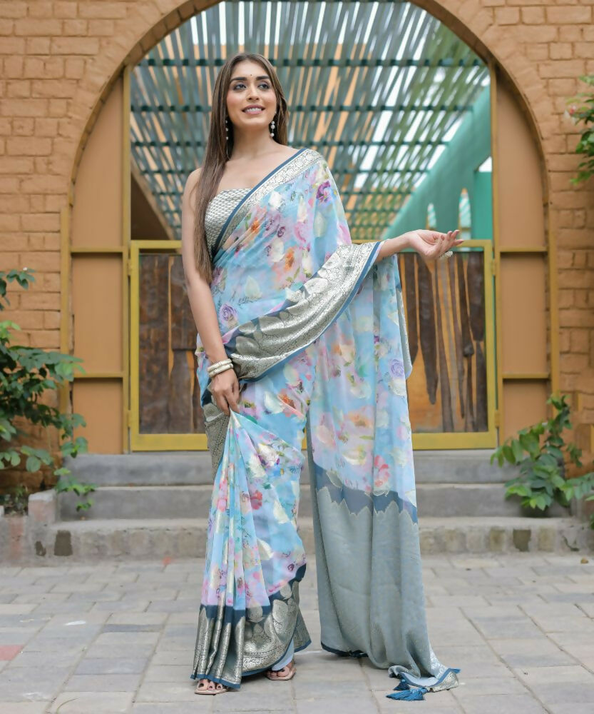 Vamsee Dhruvini Blue Georgette Saree | Grocsy