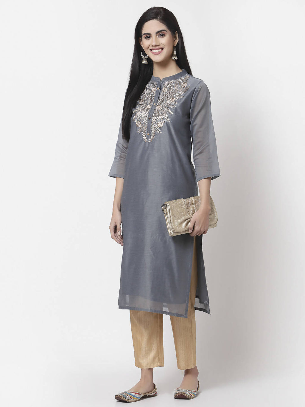 Myshka Women Grey Chanderi Embroidered 3/4 Sleeve Round Neck Kurta | Grocsy