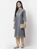 Myshka Women Grey Chanderi Embroidered 3/4 Sleeve Round Neck Kurta | Grocsy