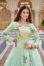 Teeya Creation Womens New Simply Wear Embroidery Sequence With Thread Work Light-Green Gown Set | Grocsy