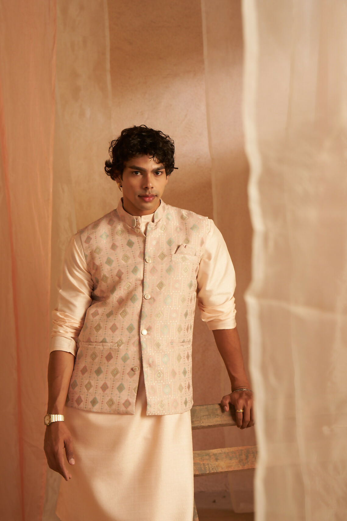 Peach Viscose Designer Printed Men's Kurta Set with Koti - Mahotsav | Grocsy