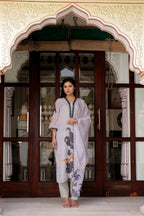 Vaasva Women Grey Tabby Slik Print & Embroidered Kurta, Pant & Dupatta Straight | Grocsy