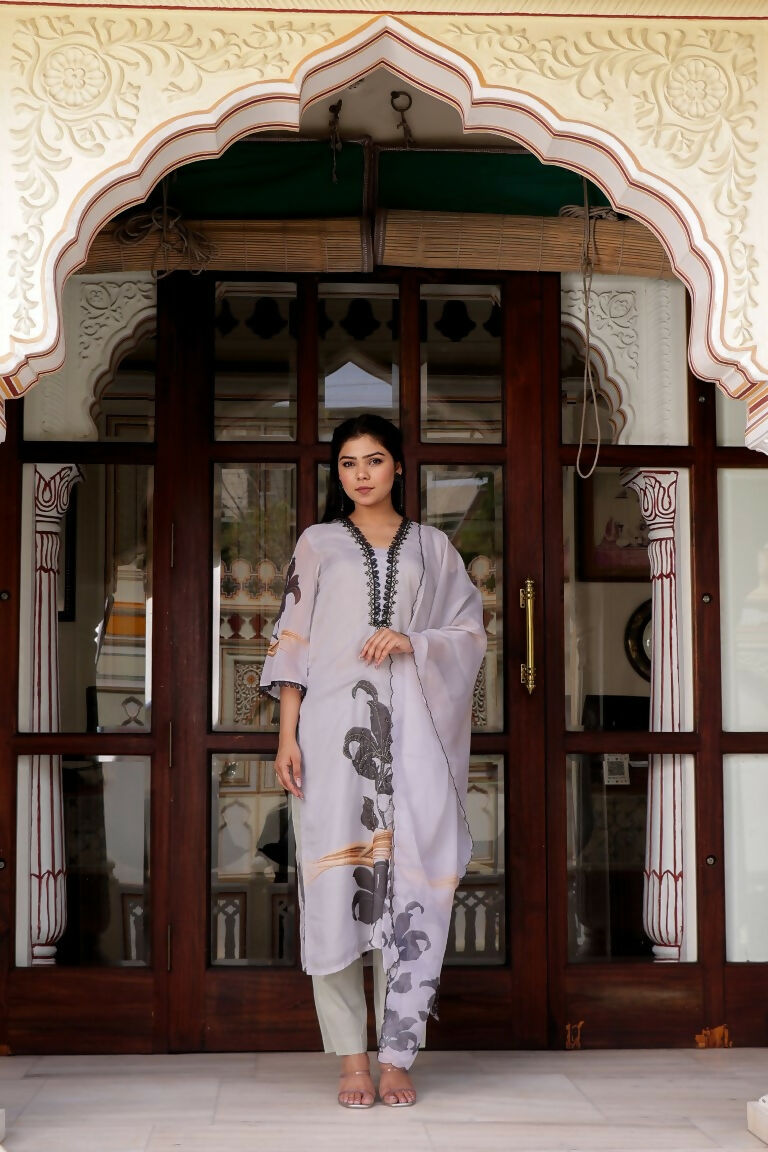 Vaasva Women Grey Tabby Slik Print & Embroidered Kurta, Pant & Dupatta Straight | Grocsy