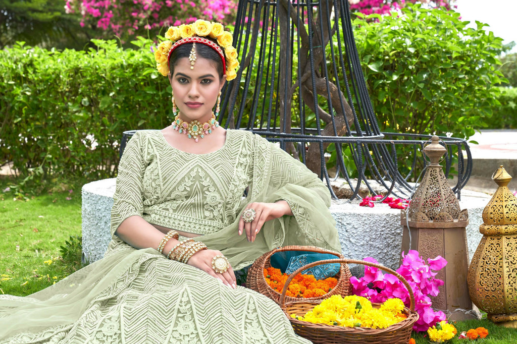 Light Green Net Embroidered Semi Stitched Lehenga Choli with Dupatta - Bhagya | Grocsy