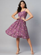 Miravan Women's Purple Floral Printed Midi Length Dress | Grocsy