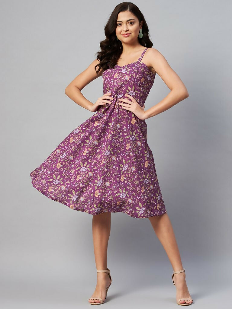 Miravan Women's Purple Floral Printed Midi Length Dress | Grocsy